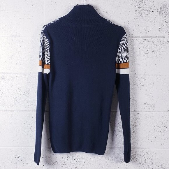LCR Black Edition Men's Shawl Neck Knit Sweater Geometric Blue Long Sleeve - Picture 3 of 10